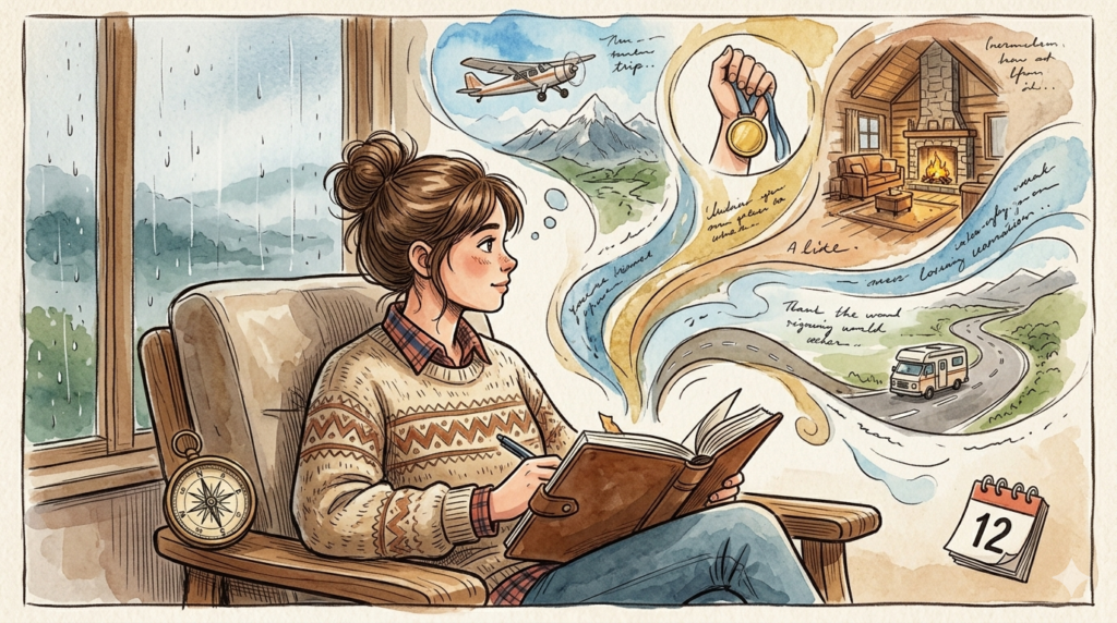 Ilustrasi cat air wanita muda menulis di jurnal dengan aliran kenangan visual seperti perjalanan, pencapaian, dan kabin hangat.