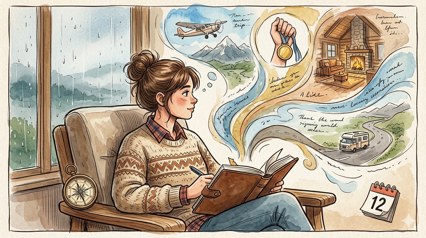 Ilustrasi cat air wanita muda menulis di jurnal dengan aliran kenangan visual seperti perjalanan, pencapaian, dan kabin hangat.